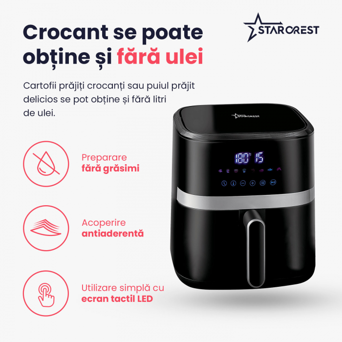 Friteuza digitala cu aer cald STARCREST SFR-5570BK, 1500 W, 5.5 Litri, Termostat 80 - 200 °C, 8 programe predefinite, Negru [3]
