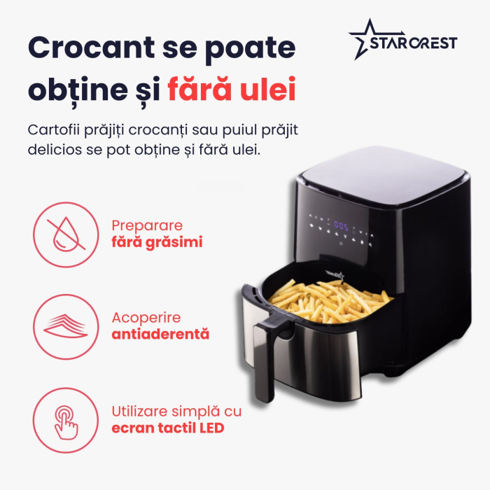 Friteuza digitala cu aer cald XL STARCREST SFR-5050X, 1450 W, 5 Litri, Termostat 80 - 200 °C, 8 programe predefinite, Negru [3]