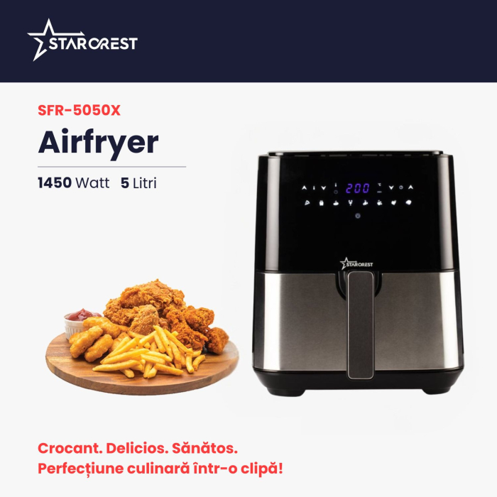 Friteuza digitala cu aer cald XL STARCREST SFR-5050X, 1450 W, 5 Litri, Termostat 80 - 200 °C, 8 programe predefinite, Negru [2]