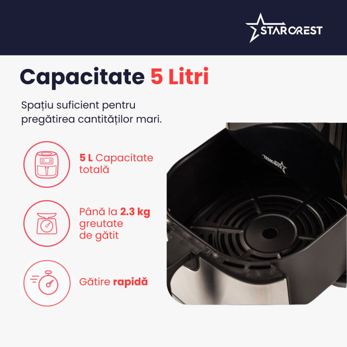 Friteuza digitala cu aer cald XL STARCREST SFR-5050X, 1450 W, 5 Litri, Termostat 80 - 200 °C, 8 programe predefinite, Negru [6]