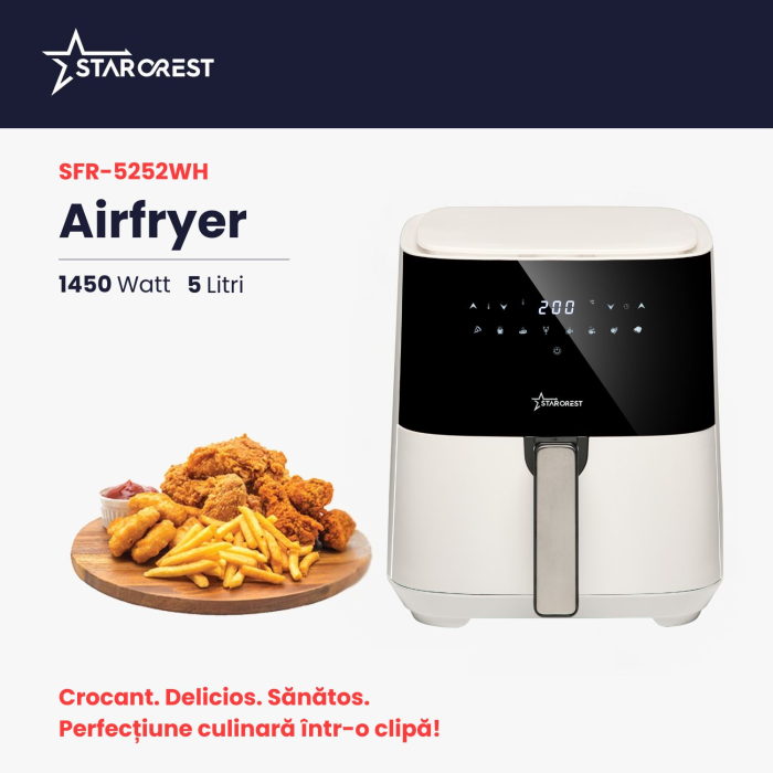 RESIGILAT - Friteuza digitala cu aer cald XL STARCREST SFR-5252WH, 1450 W, 5 Litri, Termostat 80 - 200 °C, 8 programe predefinite, Alb [2]