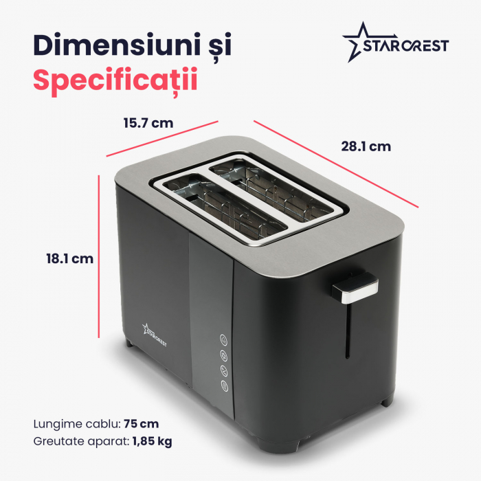 Prajitor de paine digital STARCREST SDT-850BLK, 850 W, 2 felii, Display Led Touch, 4 Functii, Otel inoxidabil, Negru [8]