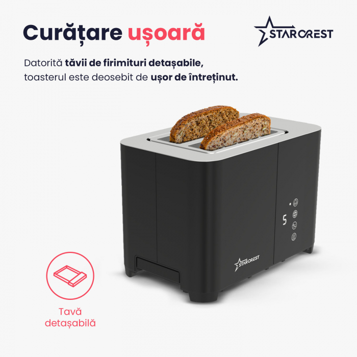 Prajitor de paine digital STARCREST SDT-850BLK, 850 W, 2 felii, Display Led Touch, 4 Functii, Otel inoxidabil, Negru [7]