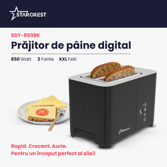 Prajitor de paine digital STARCREST SDT-850BLK, 850 W, 2 felii, Display Led Touch, 4 Functii, Otel inoxidabil, Negru [2]