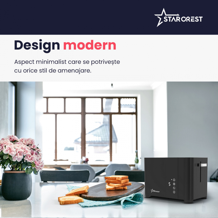 Prajitor de paine digital STARCREST SDT-850BLK, 850 W, 2 felii, Display Led Touch, 4 Functii, Otel inoxidabil, Negru [6]