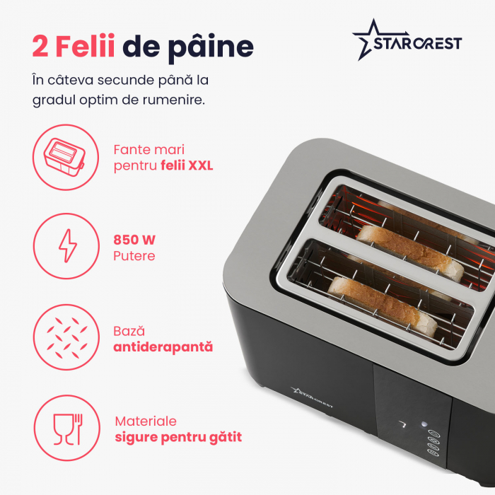 Prajitor de paine digital STARCREST SDT-850BLK, 850 W, 2 felii, Display Led Touch, 4 Functii, Otel inoxidabil, Negru [3]