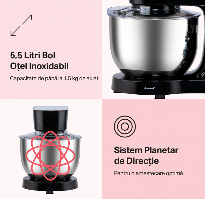 Robot de bucatarie STARCREST SKM-1500BK, 1500W, Bol 5.5 L Inox, 5 Accesorii, 6 Viteze + Pulse, Angrenaje metalice, Negru + Inox [2]