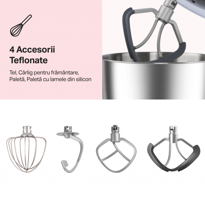 Robot de bucatarie STARCREST SKM-1500RD, 1500W, Bol 5.5 L Inox, 5 Accesorii, 6 Viteze + Pulse, Angrenaje metalice, Rosu + Inox [3]