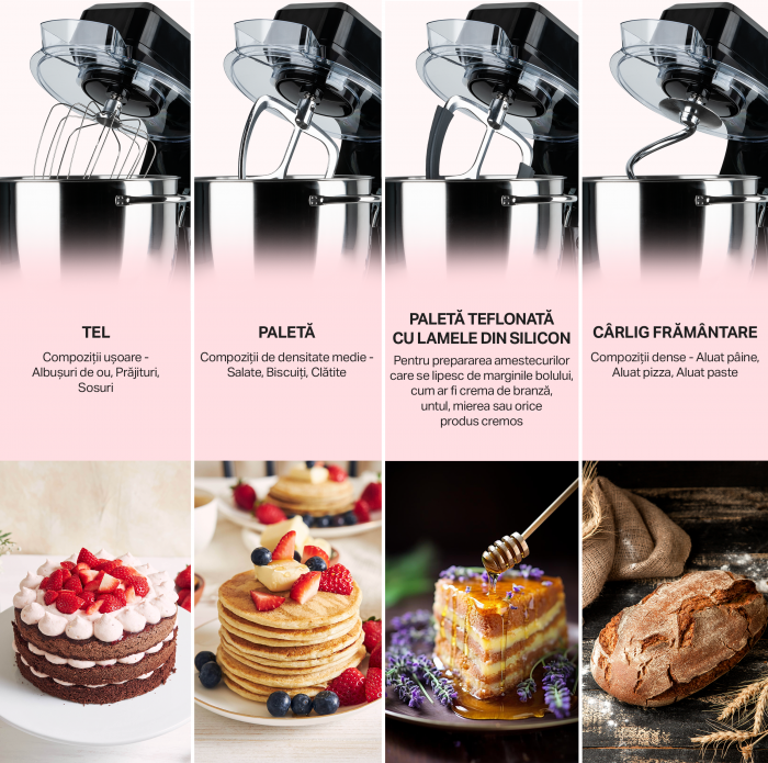 Robot de bucatarie profesional STARCREST SKM-2002BK, 2000 W, Bol 10 L Inox, 5 Accesorii, 6 Viteze + Pulse, Angrenaje metalice, Negru [4]