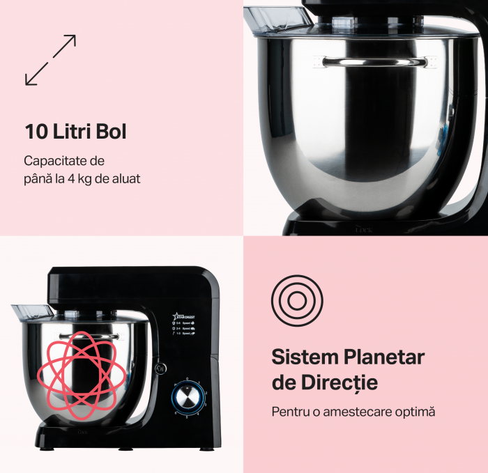 Robot de bucatarie profesional STARCREST SKM-2002BK, 2000 W, Bol 10 L Inox, 5 Accesorii, 6 Viteze + Pulse, Angrenaje metalice, Negru [2]