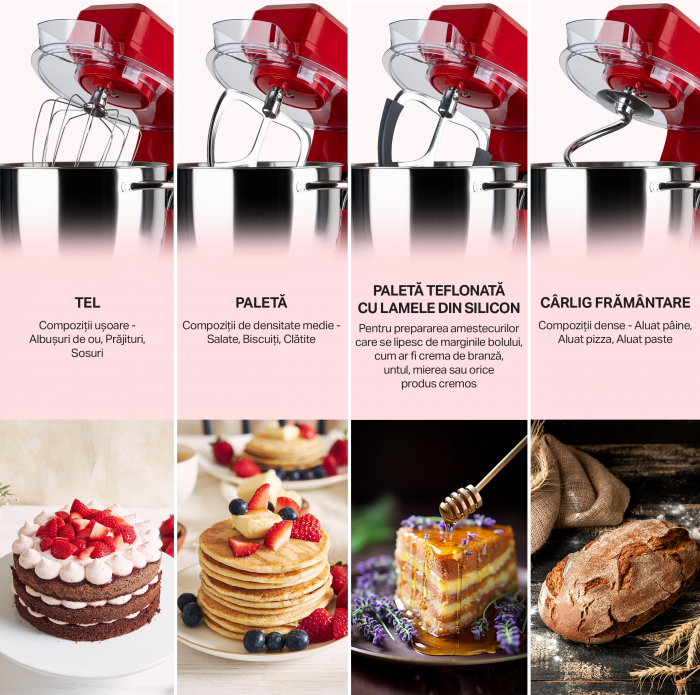 Robot de bucatarie profesional STARCREST SKM-2002RD, 2000 W, Bol 10 L Inox, 5 Accesorii, 6 Viteze + Pulse, Angrenaje metalice, Rosu [4]