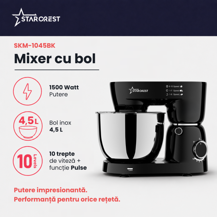 Robot de bucătărie STARCREST SKM-1045BK, 1500 W, Bol 4,5 L Inox, 4 Accesorii, 10 Viteze + Pulse, Negru [2]