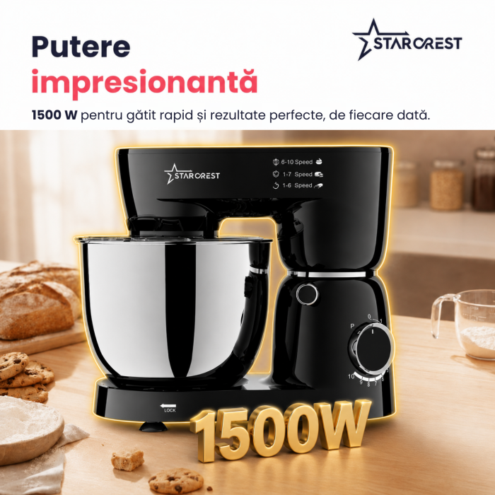 Robot de bucătărie STARCREST SKM-1045BK, 1500 W, Bol 4,5 L Inox, 4 Accesorii, 10 Viteze + Pulse, Negru [3]