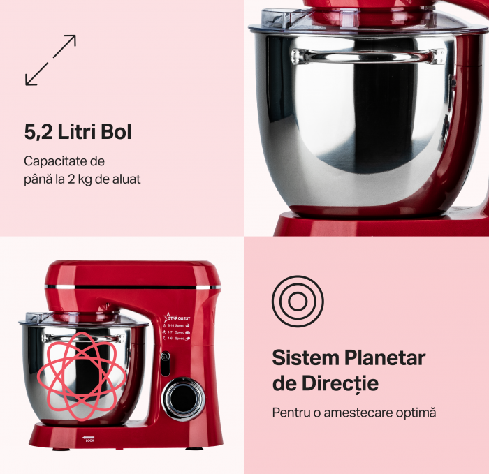 Robot de bucatarie STARCREST SKM-1300RD, 1300W, Bol 5.2 L Inox, 4 Accesorii, 10 Viteze + Pulse, Angrenaje metalice, Rosu [2]