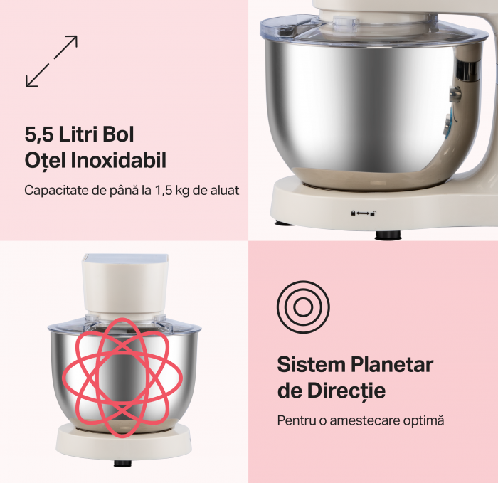 Robot de bucatarie STARCREST SKM-1500CR, 1500W, Bol 5.5 L Inox, 5 Accesorii, 6 Viteze + Pulse, Angrenaje metalice, Crem + Inox [2]