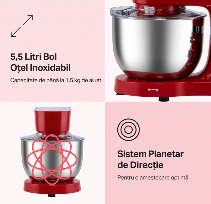 Robot de bucatarie STARCREST SKM-1500RD, 1500W, Bol 5.5 L Inox, 5 Accesorii, 6 Viteze + Pulse, Angrenaje metalice, Rosu + Inox [2]