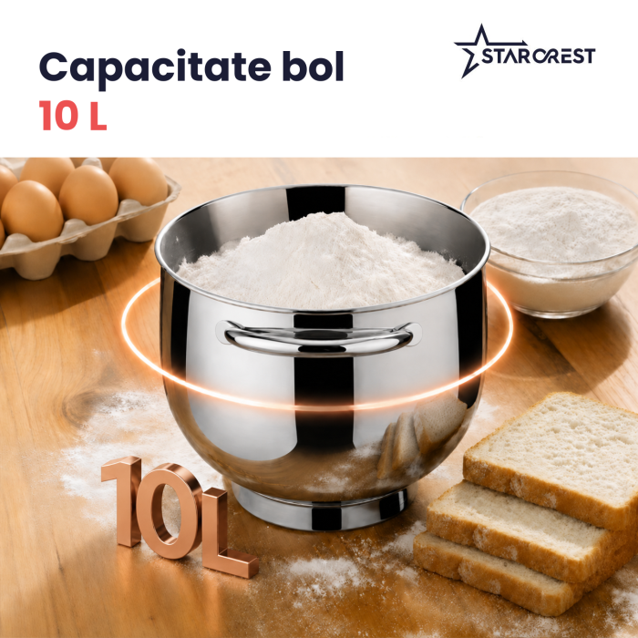 Robot de bucatarie STARCREST SKM-2010BB, 2000 W, Bol inox 10 L, 5 Accesorii, 10 Viteze + pulse, Control digital, Cantar integrat, Functie de dospire, Negru/Bronz [4]