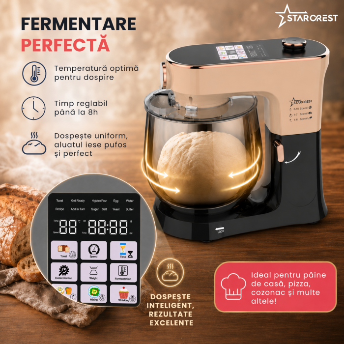 Robot de bucatarie STARCREST SKM-2010BB, 2000 W, Bol inox 10 L, 5 Accesorii, 10 Viteze + pulse, Control digital, Cantar integrat, Functie de dospire, Negru/Bronz [7]