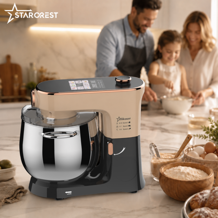 Robot de bucatarie STARCREST SKM-2010BB, 2000 W, Bol inox 10 L, 5 Accesorii, 10 Viteze + pulse, Control digital, Cantar integrat, Functie de dospire, Negru/Bronz [10]