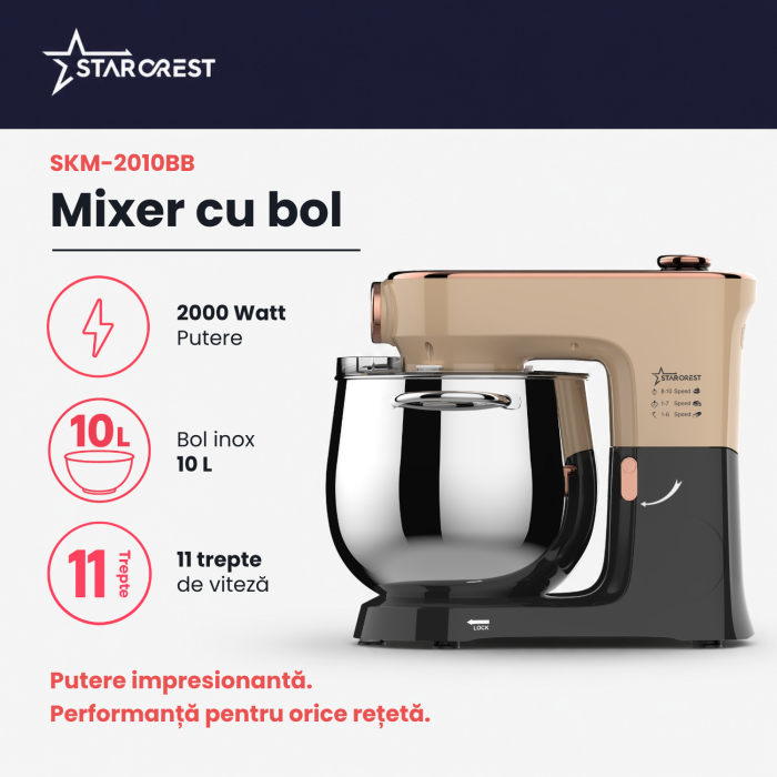 Robot de bucatarie STARCREST SKM-2010BB, 2000 W, Bol inox 10 L, 5 Accesorii, 10 Viteze + pulse, Control digital, Cantar integrat, Functie de dospire, Negru/Bronz [2]