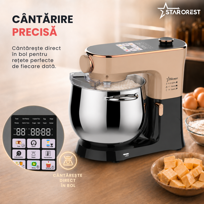 Robot de bucatarie STARCREST SKM-2010BB, 2000 W, Bol inox 10 L, 5 Accesorii, 10 Viteze + pulse, Control digital, Cantar integrat, Functie de dospire, Negru/Bronz [6]
