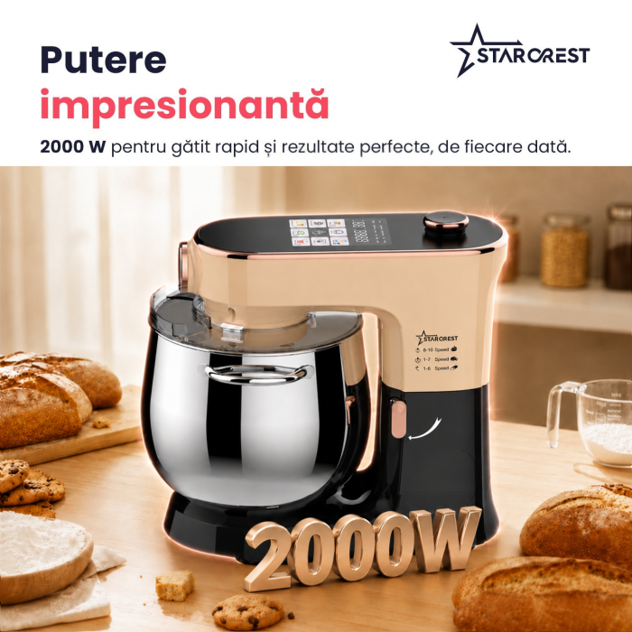 Robot de bucatarie STARCREST SKM-2010BB, 2000 W, Bol inox 10 L, 5 Accesorii, 10 Viteze + pulse, Control digital, Cantar integrat, Functie de dospire, Negru/Bronz [3]