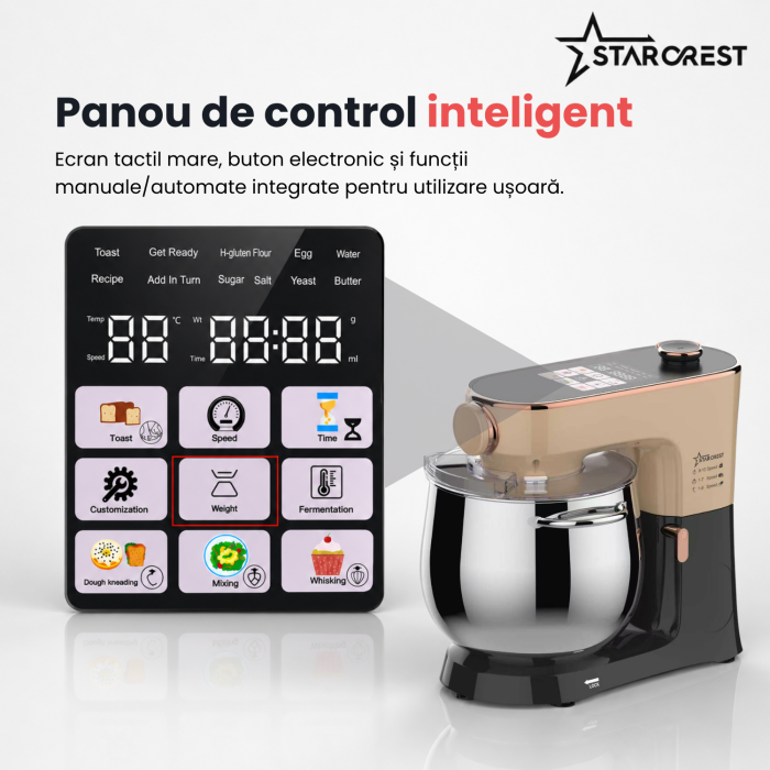 Robot de bucatarie STARCREST SKM-2010BB, 2000 W, Bol inox 10 L, 5 Accesorii, 10 Viteze + pulse, Control digital, Cantar integrat, Functie de dospire, Negru/Bronz [5]