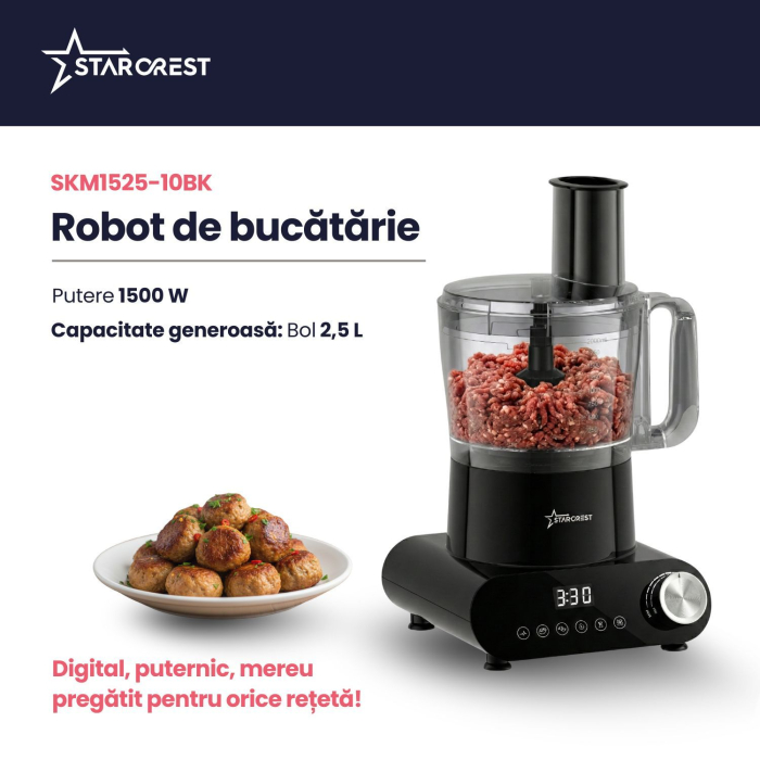 Robot de bucatarie STARCREST SKM1525-10BK, 1500W, Bol 2.5 L, 10 Accesorii, Control digital, Timer, Blender 2 L, Negru [2]