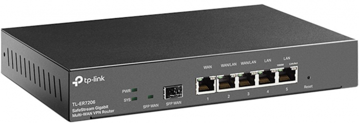 Router TP-Link TL-ER7206, Standarde si protocoale: IEEE 802.3, 802.3u, 802.3ab, interfata: 1x Fixed Gigabit SFP WAN Port, 1x Fixed Gigabit RJ45 WAN Port, 2x Fixed Gigabit RJ45 LAN Ports, 2x Changeabl