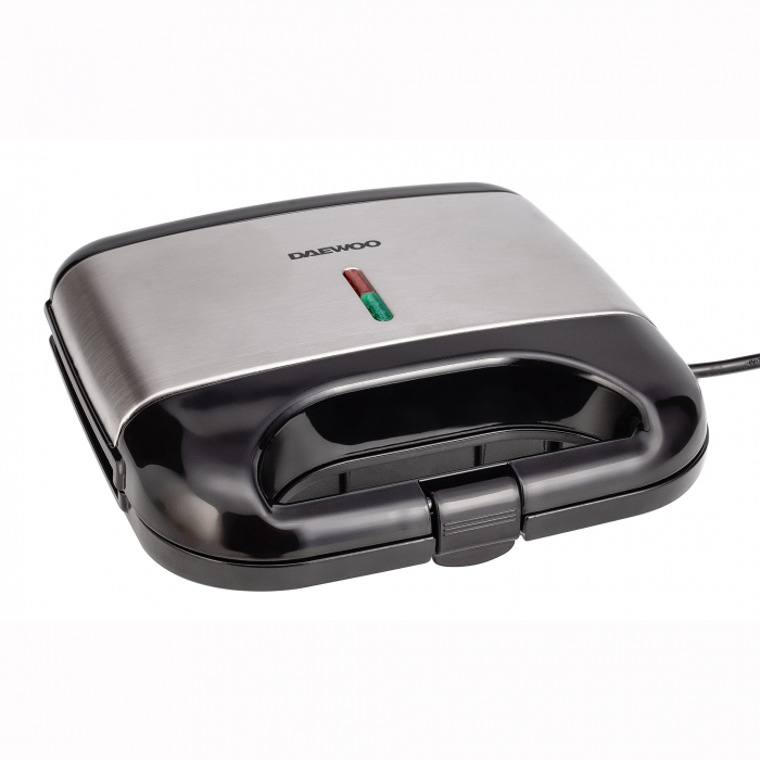 Sandwich maker Daewoo DSM20X, 800 W, placi neaderente, indicator luminos, maner Cool Touch, clapeta de blocare, Inox Negru