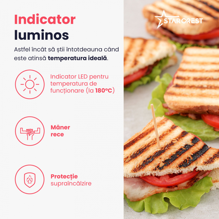 Sandwich-maker Grill Panini STARCREST SGR-2424BX, 1000 W, Placi Grill Ceramice, Deschidere 180°, Suprafata de gatire 23 x 14 cm, Negru/Dark inox [7]