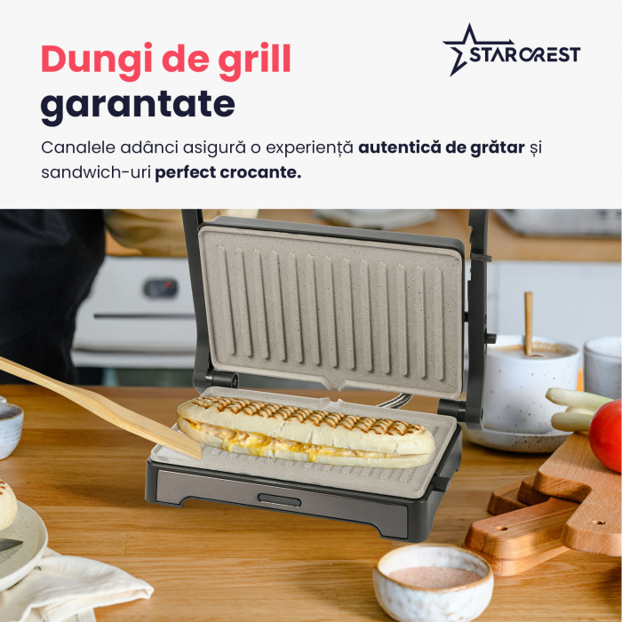 Sandwich-maker Grill Panini STARCREST SGR-2424BX, 1000 W, Placi Grill Ceramice, Deschidere 180°, Suprafata de gatire 23 x 14 cm, Negru/Dark inox [5]