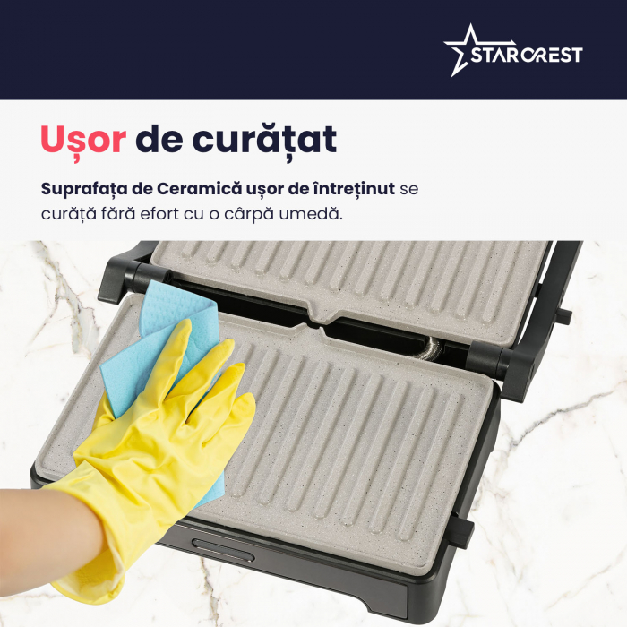 Sandwich-maker Grill Panini STARCREST SGR-2424BX, 1000 W, Placi Grill Ceramice, Deschidere 180°, Suprafata de gatire 23 x 14 cm, Negru/Dark inox [6]