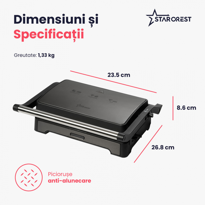 Sandwich-maker Grill Panini STARCREST SGR-2424BX, 1000 W, Placi Grill Ceramice, Deschidere 180°, Suprafata de gatire 23 x 14 cm, Negru/Dark inox [9]