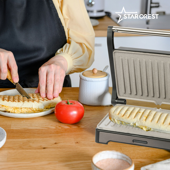 Sandwich-maker Grill Panini STARCREST SGR-2424BX, 1000 W, Placi Grill Ceramice, Deschidere 180°, Suprafata de gatire 23 x 14 cm, Negru/Dark inox [8]