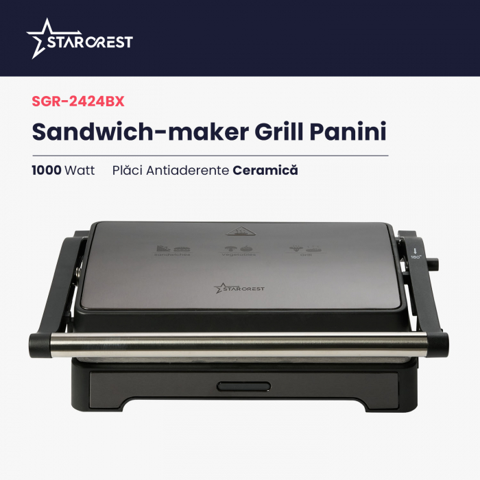 Sandwich-maker Grill Panini STARCREST SGR-2424BX, 1000 W, Placi Grill Ceramice, Deschidere 180°, Suprafata de gatire 23 x 14 cm, Negru/Dark inox [2]