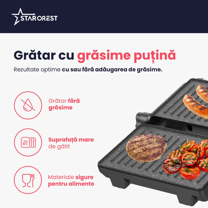Sandwich-maker Grill Panini STARCREST SGR-2510, 1000 W, Placi Grill Ceramice, Deschidere 180°, Suprafata de gatire 23 x 14.5 cm, Negru/Inox [4]