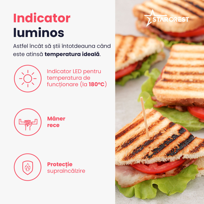 Sandwich-maker Grill Panini STARCREST SGR-2510, 1000 W, Placi Grill Ceramice, Deschidere 180°, Suprafata de gatire 23 x 14.5 cm, Negru/Inox [7]