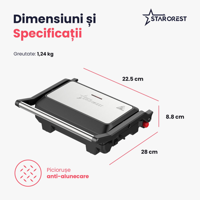 Sandwich-maker Grill Panini STARCREST SGR-2510, 1000 W, Placi Grill Ceramice, Deschidere 180°, Suprafata de gatire 23 x 14.5 cm, Negru/Inox [9]