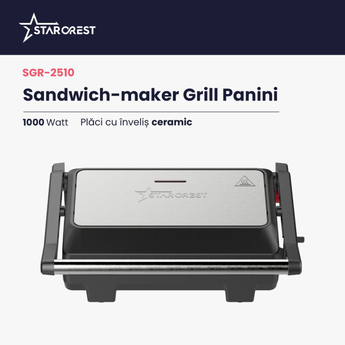 Sandwich-maker Grill Panini STARCREST SGR-2510, 1000 W, Placi Grill Ceramice, Deschidere 180°, Suprafata de gatire 23 x 14.5 cm, Negru/Inox [2]