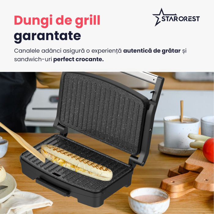 Sandwich-maker Grill Panini STARCREST SGR-2516BX, 1600 W, Placi grill cu invelis ceramic, Temperatura ajustabila, Suprafata de gatire 25.5 x 15.5 cm, Spatula curatare, Negru/Inox [5]