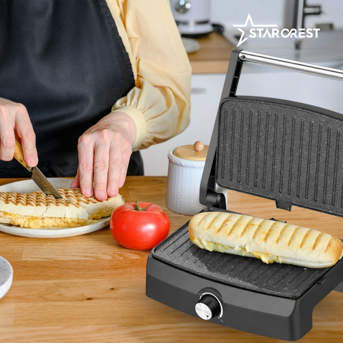 Sandwich-maker Grill Panini STARCREST SGR-2520BX, 1000 W, Placi cu invelis ceramic, Temperatura ajustabila, Deschidere la 180°, Suprafata de gatire 23 x 14.5 cm, Spatula curatare, Negru/Inox [8]