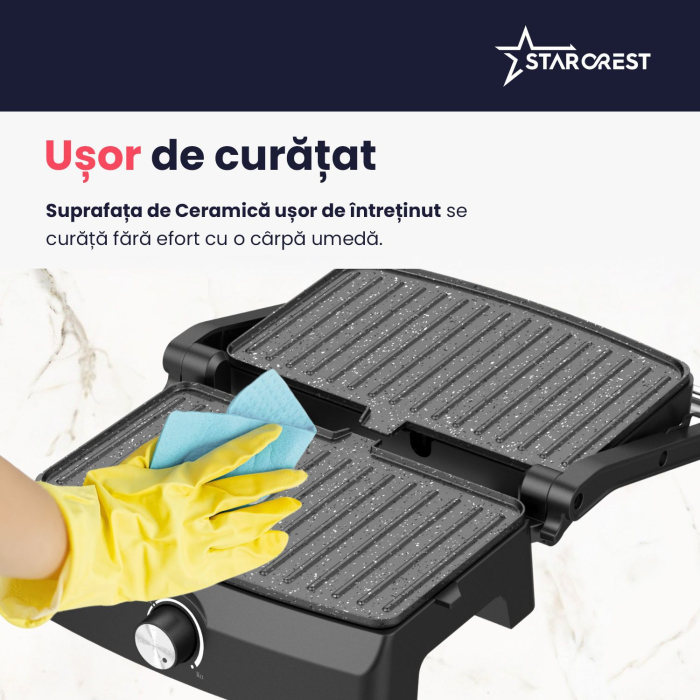 Sandwich-maker Grill Panini STARCREST SGR-2520BX, 1000 W, Placi cu invelis ceramic, Temperatura ajustabila, Deschidere la 180°, Suprafata de gatire 23 x 14.5 cm, Spatula curatare, Negru/Inox [6]