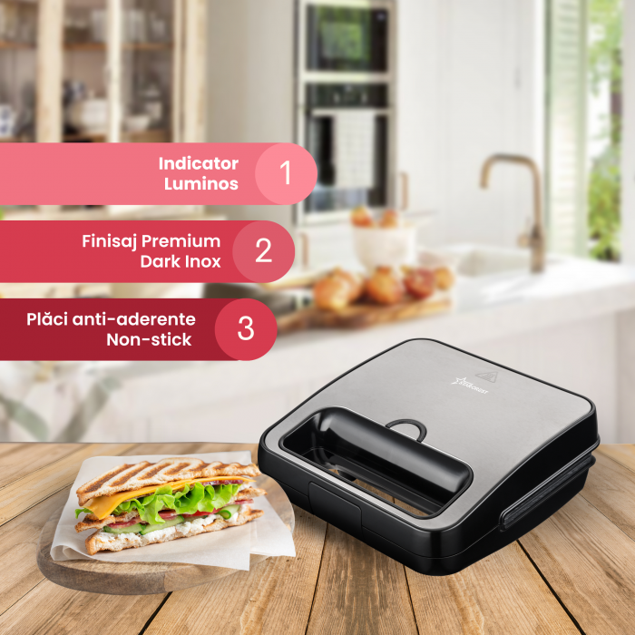 RESIGILAT - Sandwich-maker Grill Panini STARCREST SSM-2130IX,  750 W,  Indicatar LED, Finisaj Premium Dark Inox [3]