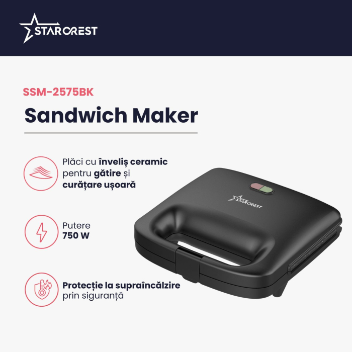 Sandwich-maker STARCREST SSM-2575BK, 750 W, Placi cu invelis ceramic antiaderent,  Dimensiune placi 23 x 14.5 cm, Negru [2]