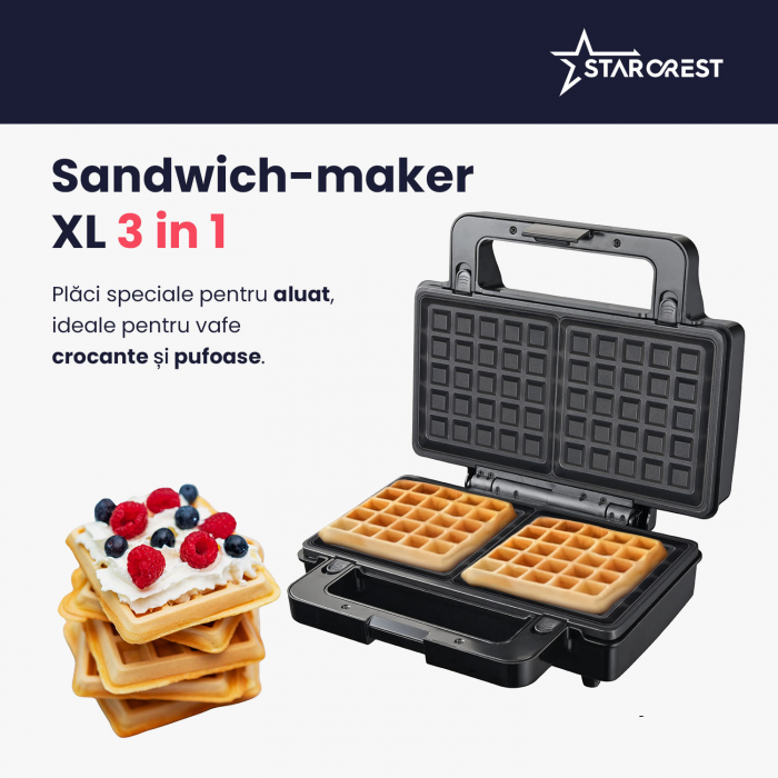 Sandwich maker XL STARCREST SSM-3131BX, 1000 W, 3 placi detasabile antiadezive: sandwich, waffle si grill, Dark Inox [4]