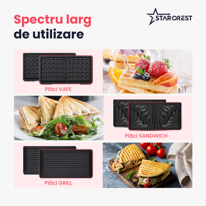 Sandwich maker XL STARCREST SSM-3131BX, 1000 W, 3 placi detasabile antiadezive: sandwich, waffle si grill, Dark Inox [3]