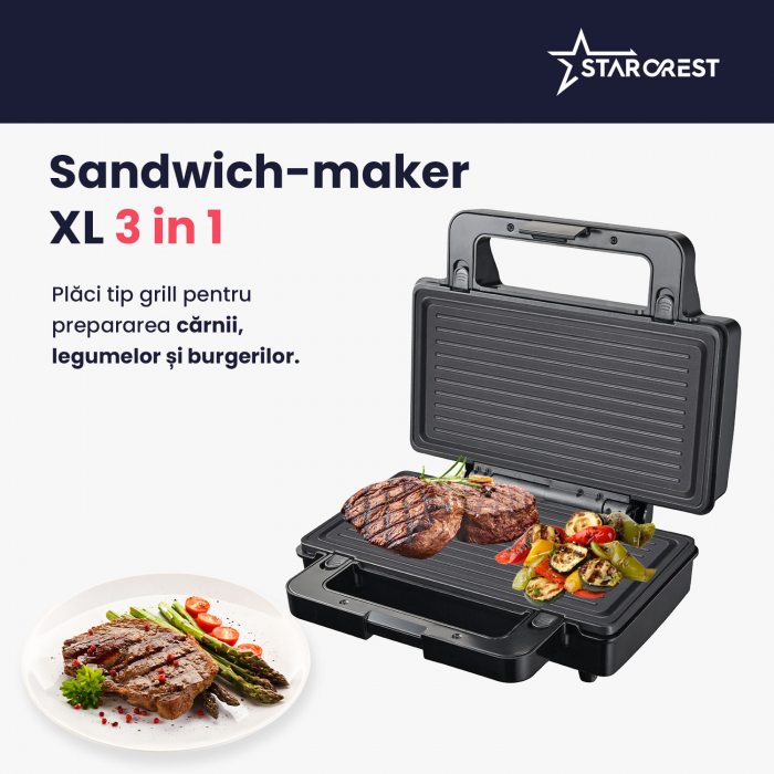 Sandwich maker XL STARCREST SSM-3131BX, 1000 W, 3 placi detasabile antiadezive: sandwich, waffle si grill, Dark Inox [6]