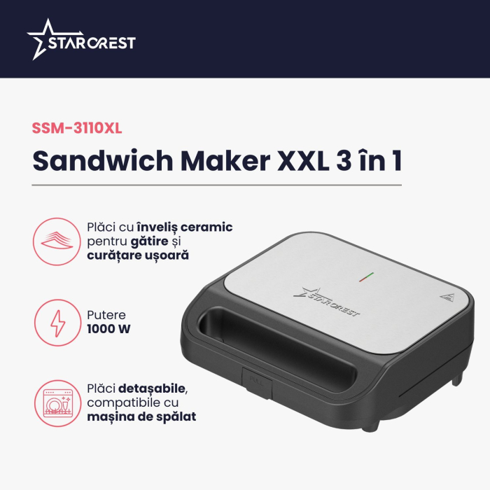 Sandwich maker XL 3 in 1 STARCREST SSM-3110XL, 1000 W, 3 tipuri de placi detasabile cu invelis ceramic: grill / sandwich triunghi / vafe, Dimensiune placi 23 x 13 cm, Negru/Inox [2]