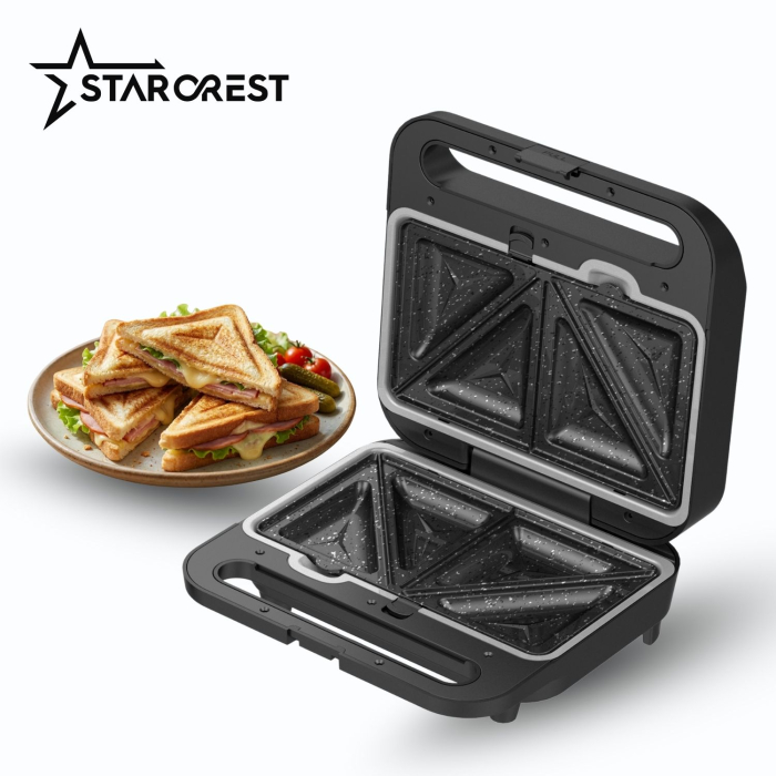 Sandwich maker XL 3 in 1 STARCREST SSM-3110XL, 1000 W, 3 tipuri de placi detasabile cu invelis ceramic: grill / sandwich triunghi / vafe, Dimensiune placi 23 x 13 cm, Negru/Inox [4]